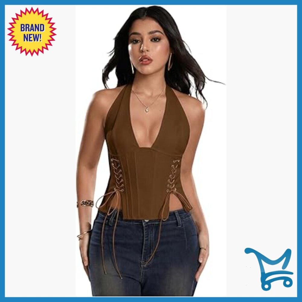 Corset Halter Top Y2K Gothic Cowgirl Crop Top Lace Up Backless